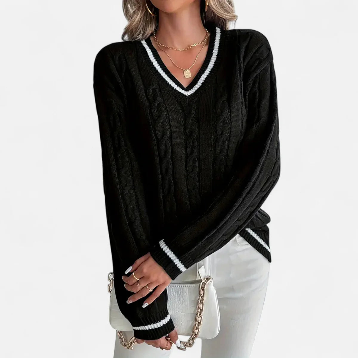 Elegant V-Neck Cable-Knit Sweater for Women