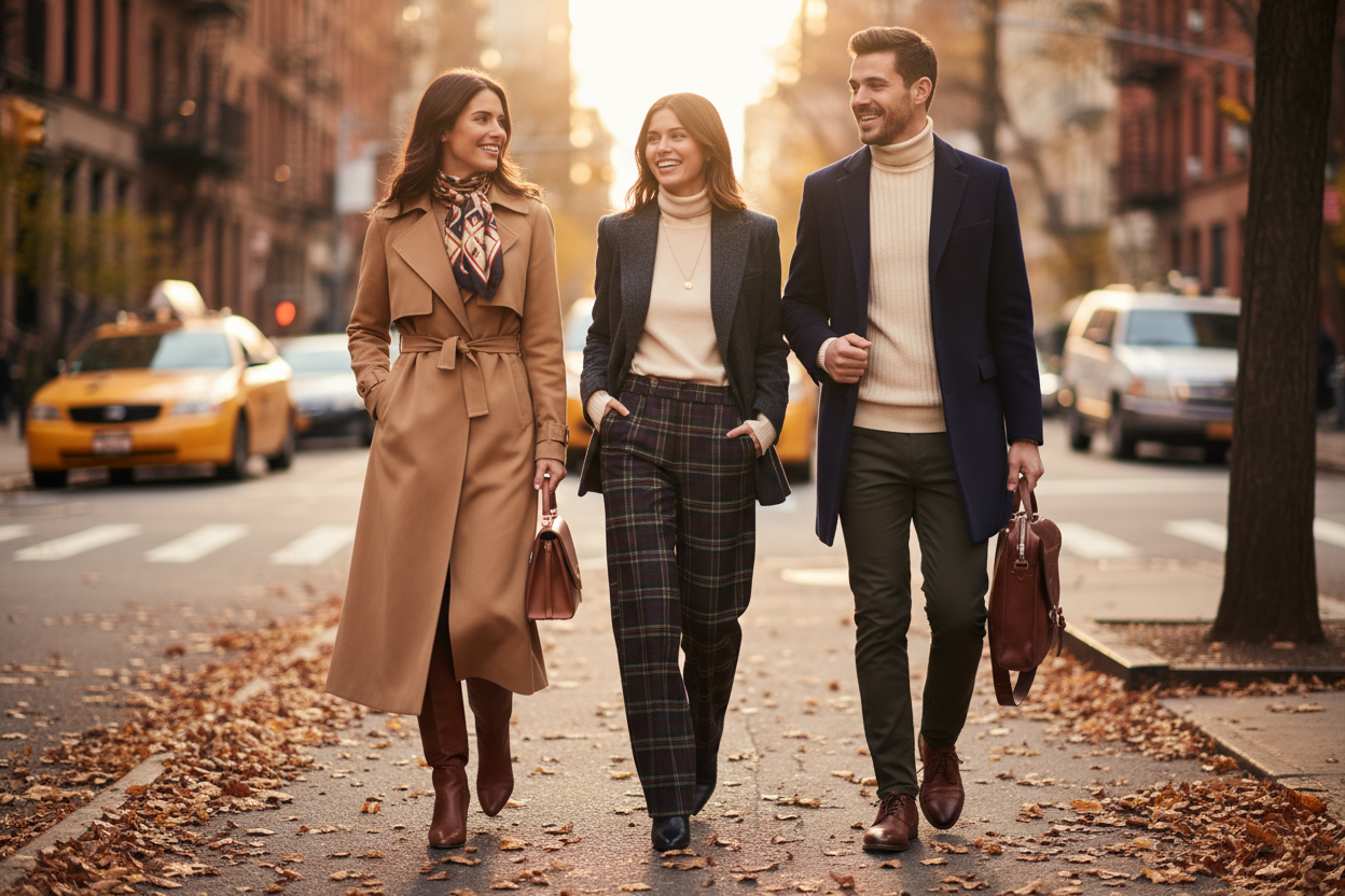 Three stylish friends — two women and one man — walking together on a New York City street in autumn. The scene is a close-up street fashion shot with warm golden light, fall colors, and leaves on the ground. The background shows brownstone buildings and yellow cabs slightly blurred (bokeh effect).
The women wear elegant fall outfits — one in a long camel trench coat with boots, the other in a dark wool blazer and high-waisted trousers. The man wears a tailored coat with a turtleneck and leather shoes. Thei