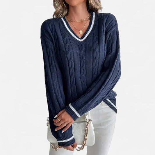 Elegant V-Neck Cable-Knit Sweater for Women